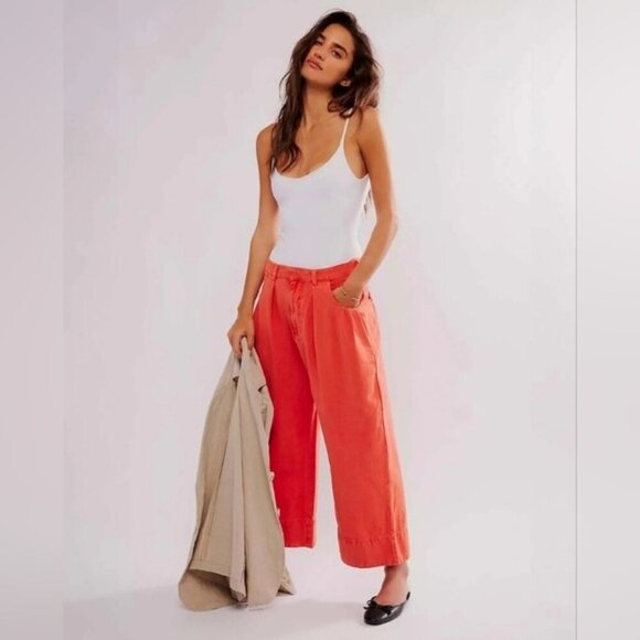 Free People Sweet Talk Chino Pants Wide Barrel Leg Mid Rise Linen/Cot Orange 10 - Picture 1 of 11